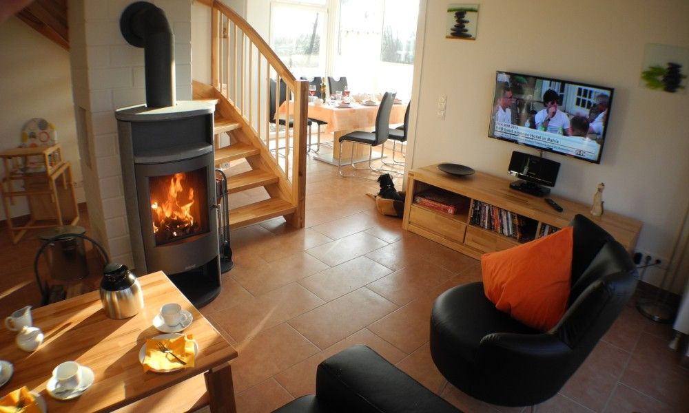 Gezellige woonkamer in Villa Seeblick, vakantiehuis in Nordhorn, Nedersaksen met open haard en comfortabele zitruimte.