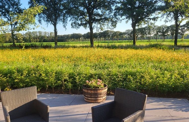 Prachtig uitzicht vanaf het terras van Huisje in Beers, vakantiehuis in Beers NB, omgeven door groene velden.
