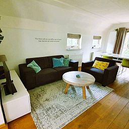 Gezellige woonkamer van vakantiehuis Mepke in Diever, Drenthe met uitzicht op de natuurlijke omgeving.