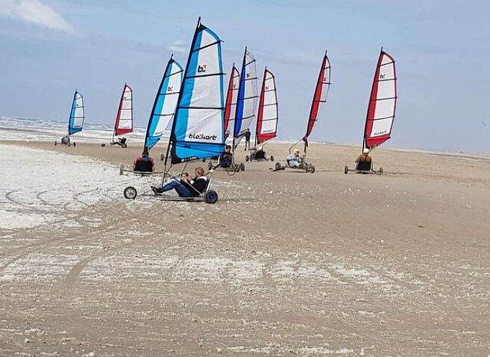 Zijaanzicht van Ferienperle vakantiehuis in De Cocksdorp, Texel, met bloeiende natuur.