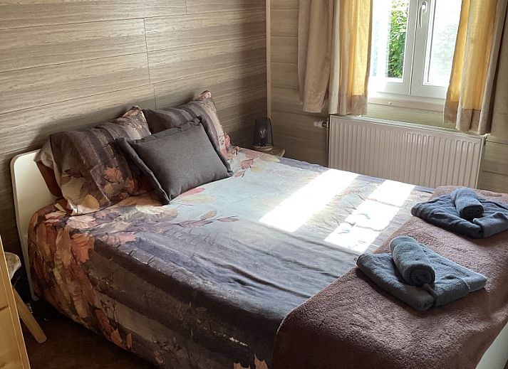 Sonnige Aussicht auf das Chalet d'Achouffe, Achouffe-Houffalize, mit umliegenden Baeumen in den Ardennen.