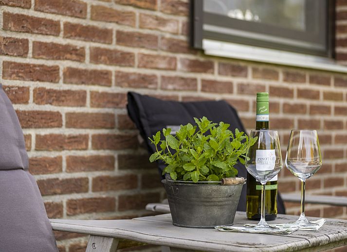 Ruim terras met zitgedeelte bij Vakantiehuis Haus Anni in Hansweert, Zuid-Beveland, omgeven door groen.
