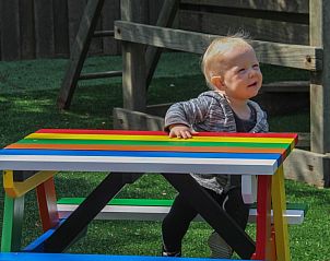 Kleurrijk picknicktafeltje in de speeltuin van 't Langebosch bungalow, Dennenbos, Texel voor gezellige momenten op de Waddeneilanden.