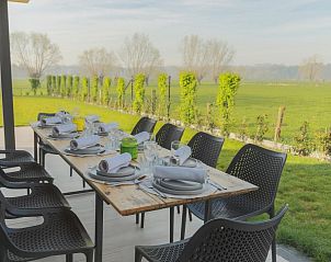 Geniet van een ontspannen maaltijd op het terras van Villa Steedje, een vakantiehuis in Jabbeke, West-Vlaanderen, met prachtig uitzicht op de natuur.