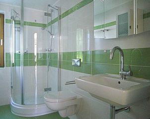 Moderne badkamer in Vakantiehuis in het Rose Garden, Fssen, Beieren, Duitsland met frisse groene accenten.