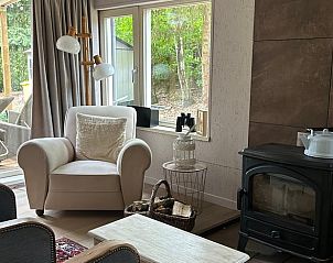 Cozy living room in Holiday Home in Arendonk, Antwerp, with comfortable chair, wood stove and view of green surroundings.