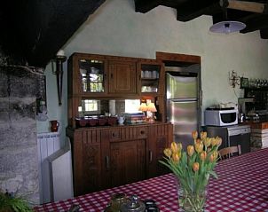 Gezellige keuken in Chteau d' Aix, vakantiehuis in Lot Saux, Frankrijk, met rustieke inrichting en tulpen op tafel.