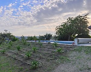 Geniet van het uitzicht op de tuin en het zwembad bij Huisje in La Salvetat Belmontet, een vakantiehuis in de Midi-Pyrnes, Frankrijk.