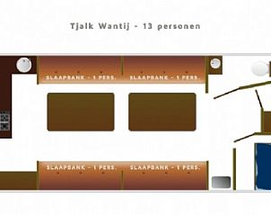Plattegrond van Tjalk Wantij, geschikt voor 13 personen, gelegen in Gaastmeer, Friese meren.