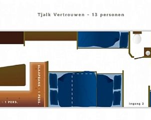 Plattegrond van bootaccommodatie Vertrouwen in Gaastmeer, geschikt voor 13 personen op de Friese meren.