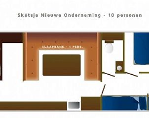 Plattegrond van de Nieuwe Onderneming, een bootaccommodatie in Gaastmeer, Friese meren, met slaapruimte voor tien personen.