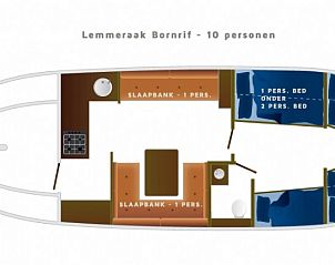 Plattegrond van de Bornrif boot in Gaastmeer, toont slaap- en leefruimtes voor een comfortabel verblijf.