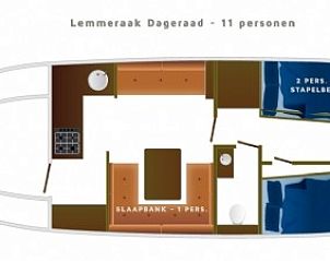 Plattegrond van de boot Dageraad in Gaastmeer, biedt ruimte voor 11 personen voor een onvergetelijke vakantie op de Friese meren.