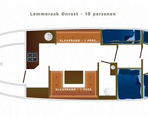 Plattegrond van zeilboot Onrust in Gaastmeer, toont slaapmogelijkheden voor tien personen.