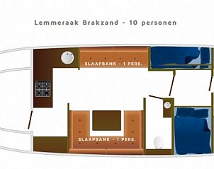 Plattegrond van de Brakzand boot, geschikt voor 10 personen, gelegen in de Friese meren, Gaastmeer.