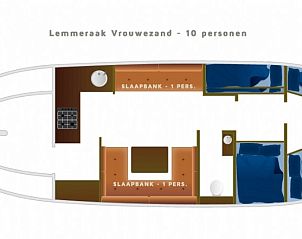 Plattegrond van Vrouwezand, vakantieboot in Gaastmeer, toont slaapruimtes voor 10 personen op de Friese meren.