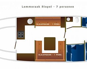 Plattegrond van de Riepel boot in Gaastmeer, ruime accommodatie voor 7 personen op de Friese meren.