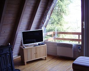 Moderne woonkamer in Chalet Dion, Beauraing, Ardennen, met uitzicht op de omringende bossen.