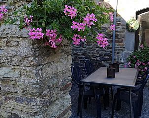 Gemtliche Terrasse mit Blumen im Ferienhaus Le FRNE in Paliseul, Ardennen, Belgien.