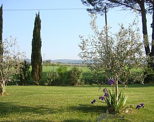 Genieen Sie den ruhigen Garten von Casa Maremma, einem Ferienhaus in Marsiliana, Toskana, mit Blick auf die toskanische Landschaft.