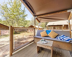Genieen Sie die Veranda der klimatisierten Safari Tent Lodge in Umag, Istrien, Kroatien, umgeben von Natur und Stille.