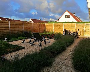 Zonnige tuin met ligstoelen in Duinendaele 272, Adinkerke, De Panne, Belgische kust.