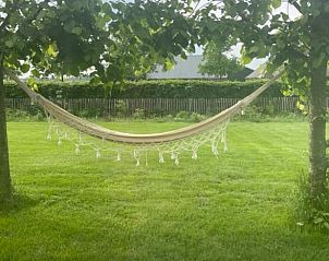 Ontspannende hangmat in de tuin van Huisje in Koekange, vakantiewoning in Drenthe.