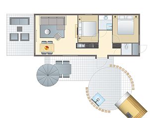 Plattegrond van 4-persoons wellness lodge | 4B3 in Oudehaske, gelegen op het Friese platteland, Friesland. Comfortabele indeling met terras en jacuzzi.