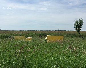 Gezellige zithoek in de natuur bij Vakantiehuisje in Mantgum, Friesland, met uitzicht op het uitgestrekte Friese platteland.