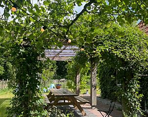 Overdekte zitplek bij Vakantiehuisje in Oldeholtpade, ideaal voor buiten dineren op het Friese platteland in Friesland.