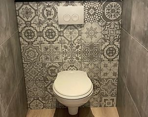 Stijlvolle badkamer in Vakantiehuisje in Bartlehiem met modern betegelde muren en toilet.