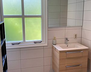 Moderne badkamer in Huisje in Damwald, vakantiehuis in Damwld, Friesland, met stijlvol interieur en natuurlijke lichtinval.