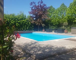 Zonnig terras met zwembad bij Vakantiehuis in Fochteloo, gelegen op het prachtige Friese platteland.