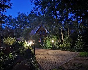 Sfeervolle avondverlichting bij vakantiehuis Jonkersweg in Winterswijk Meddo, omgeven door bomen in de rust van de Achterhoek.