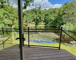 Terras van Vakantiehuisje in Hattem met prachtig uitzicht op vijver en bossen in de Veluwe, Gelderland.