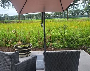 Zitgedeelte op het terras met parasol bij Huisje in Beers, vakantiehuis in Beers NB, voor relaxen in de buitenlucht.