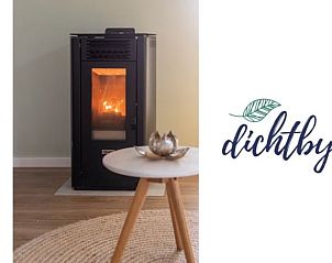 Gezellige houtkachel in de woonkamer van Vakantiehuisje in Rucphen, West Brabant.