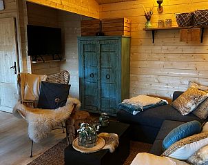 Stijlvolle woonkamer in Vakantiehuisje in Oudenbosch, West Brabant, met een vintage kast.