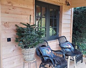 Veranda van Vakantiehuisje in Oudenbosch, West Brabant, met comfortabele stoelen en een kerstboom.