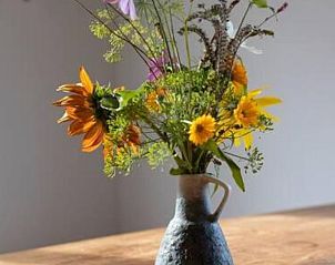 Vrolijk boeket bloemen op tafel in Vakantiehuis in Hem, IJsselmeerkust, Noord-Holland.
