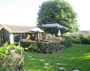 Outdoor terrace and floral display at NH558 vacation home, Hobrede, perfect for summer evenings, IJsselmeer coast North Holland