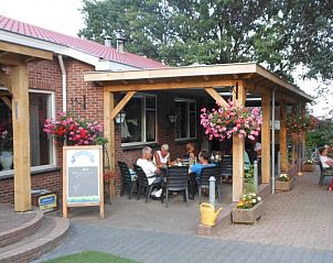 Gezellig terras bij 't Boszicht vakantiehuis in Nutter, Twente, met bloeiende planten.
