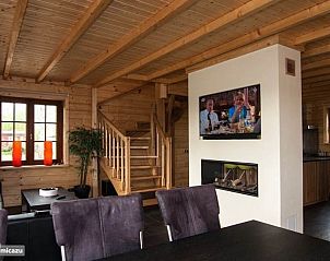 Gezellige woonkamer van Houten villa Tine in Den Ham, Twente, met houten interieur en een sfeervolle open haard.