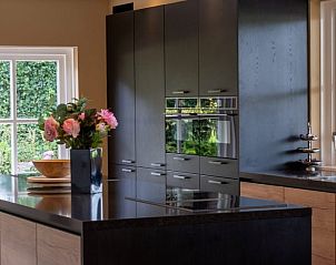 Stijlvolle eetkamer in Landgoed Nieuwhuis vakantiehuis in Ootmarsum, Twente, met houten tafels en rode stoelen.