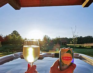 Genieten van een drankje in de jacuzzi bij Vakantiehuisje in Boekelo, Enschede, met prachtig uitzicht op de natuur.