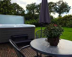 Ontspan in de jacuzzi op het terras van Vakantiehuis in Lonneker, Twente, met uitzicht op de groene omgeving.