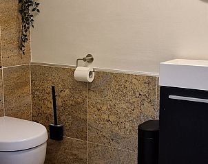 Stijlvolle badkamer in Vakantiehuisje in Dreischor, Schouwen-Duiveland, Zeeland met strakke afwerking.