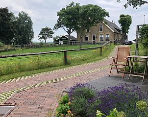 Zonnig terras bij Huisje in Brandwijk, Brandwijk met uitzicht op groene velden en bloemen.