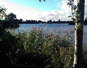 Uitzicht op het meer vanuit Vakantiehuis in Reeuwijk, omgeven door riet en natuur.
