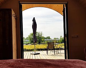 Uitzicht vanuit Vakantiehuisje in Boskoop op het terras met serene natuur en water in Zuid-Holland.